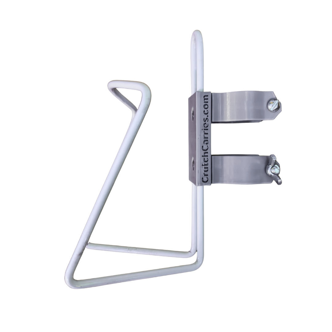 White aluminum drink holder for use with walkers and knee scooters.