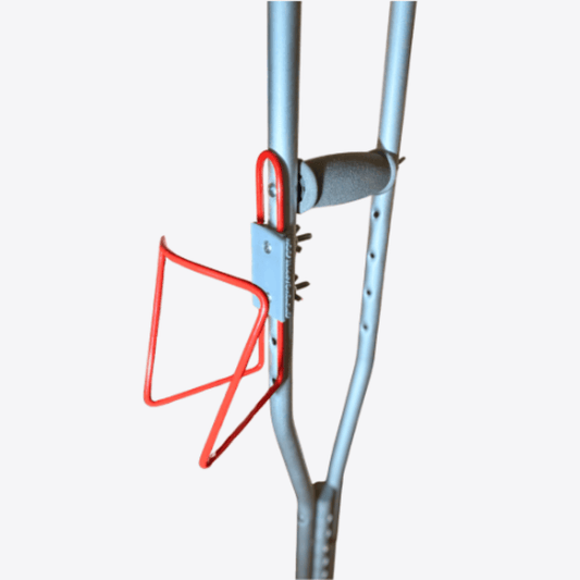 Crutch Drink Holder installed on crutches, featuring aluminum bolt-in design for easy access to drinks.
