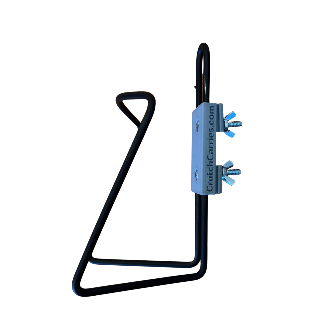 Black aluminum drink holder for use with crutches.