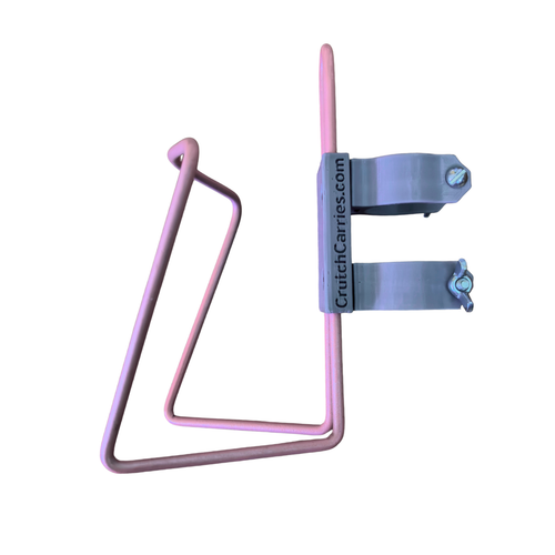 Pink aluminum drink holder for use with walkers and knee scooters.