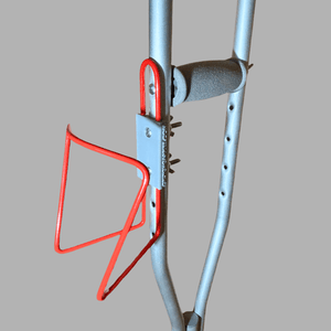 Durable crutch cup holder in aluminum, designed to bolt onto crutches and hold drink containers securely.