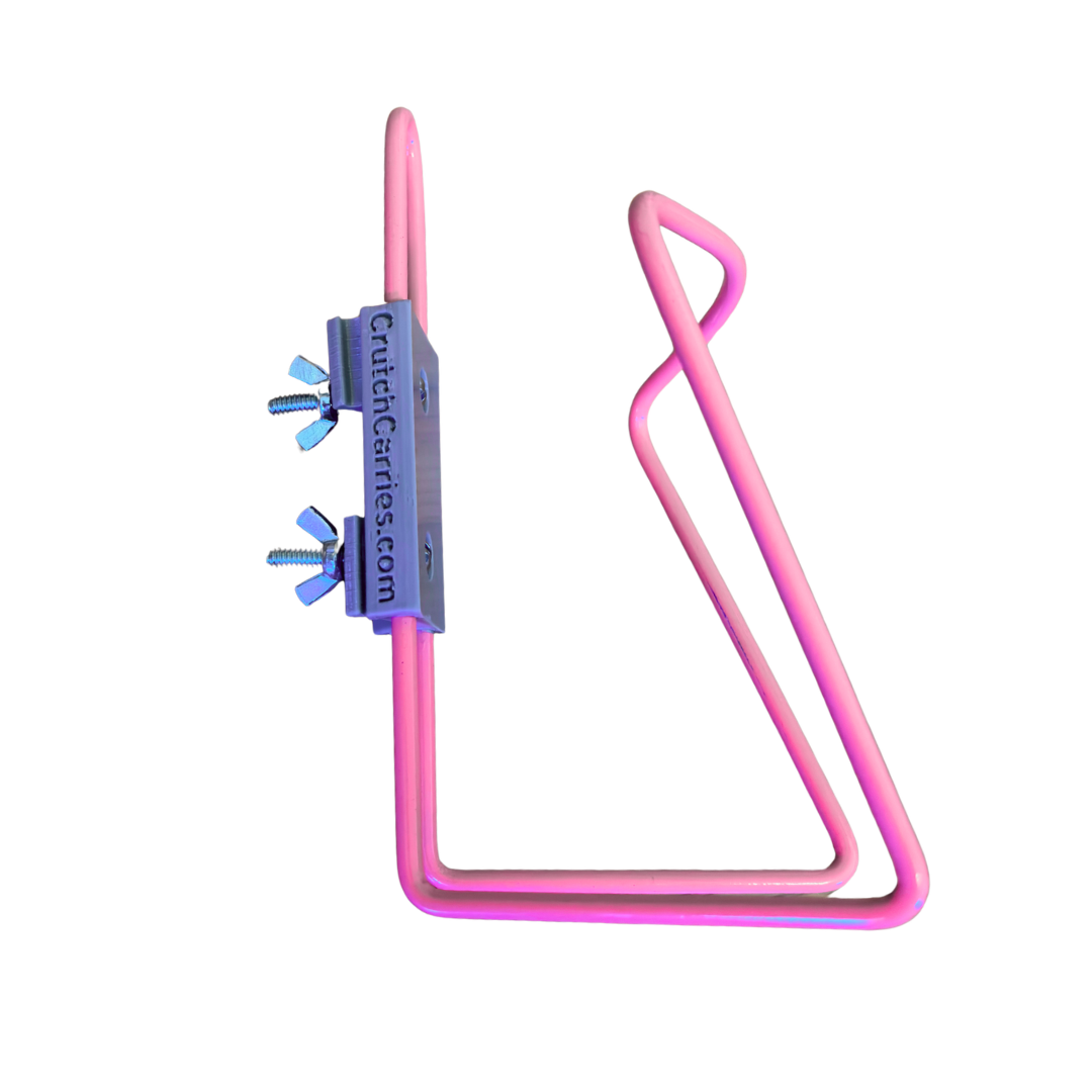 Blue aluminum drink holder for use with crutches.