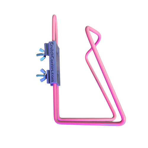 Blue aluminum drink holder for use with crutches.