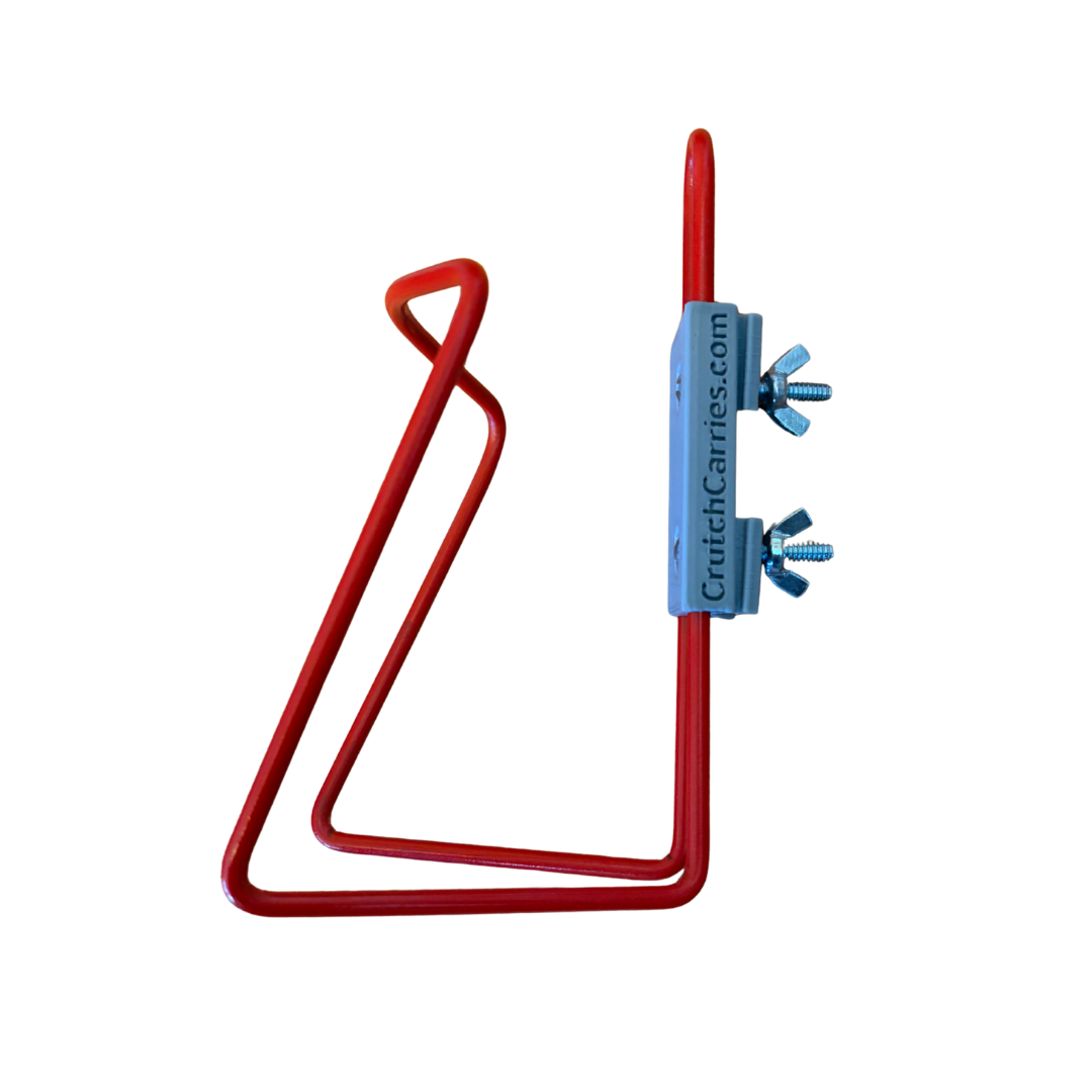 Red aluminum drink holder for use with crutches.