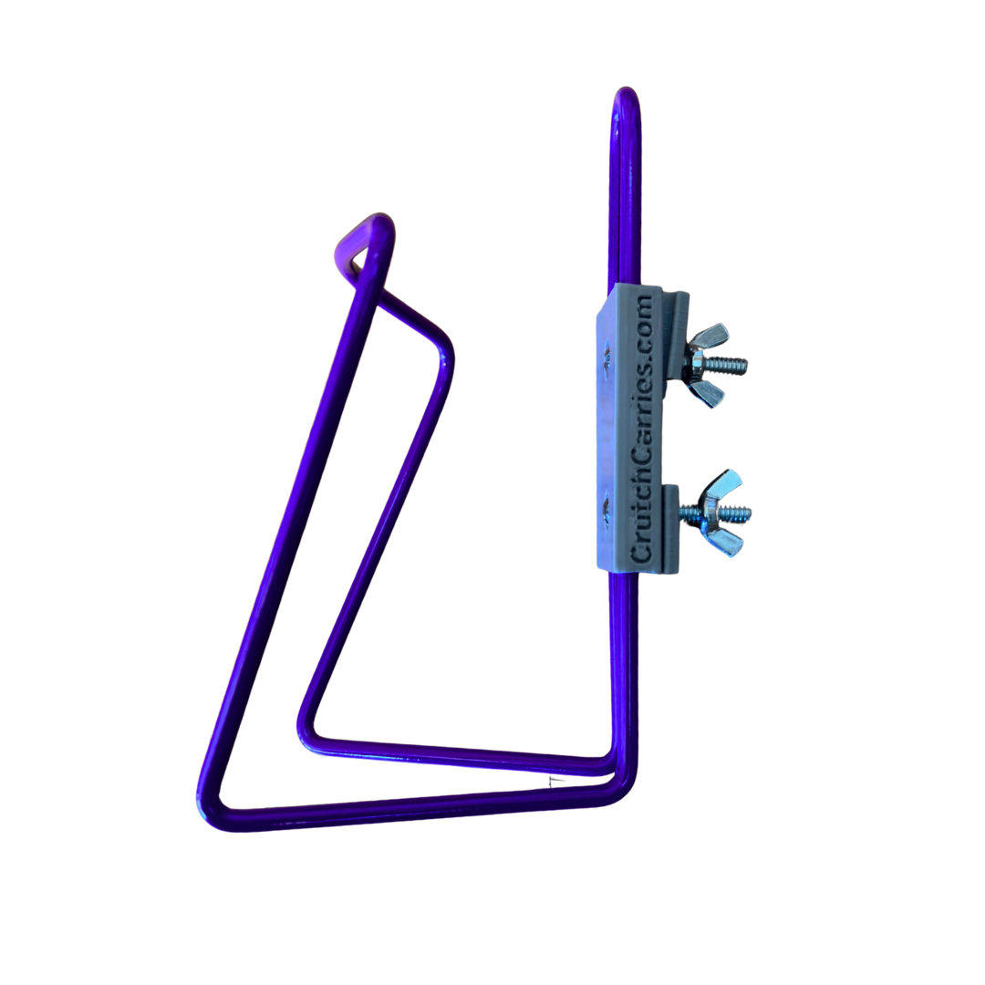 Purple aluminum drink holder for use with crutches.