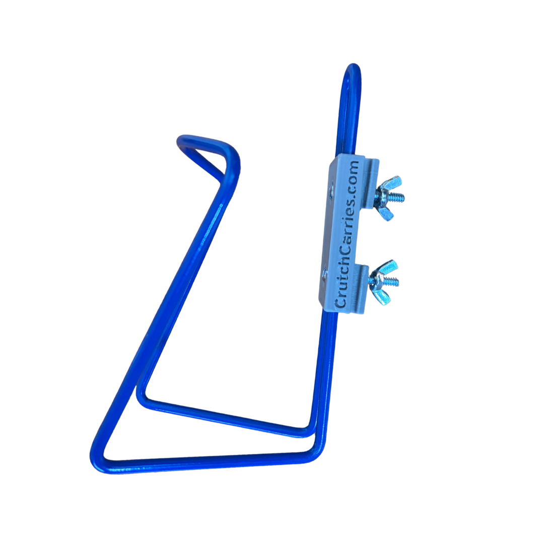 Blue aluminum drink holder for use with crutches.