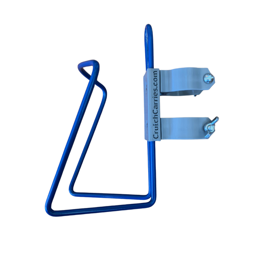 Blue aluminum drink holder for use with walkers and knee scooters.
