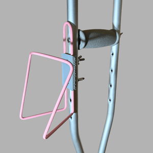 Durable aluminum drink holder bolted onto crutches, designed for versatile use with drink containers.