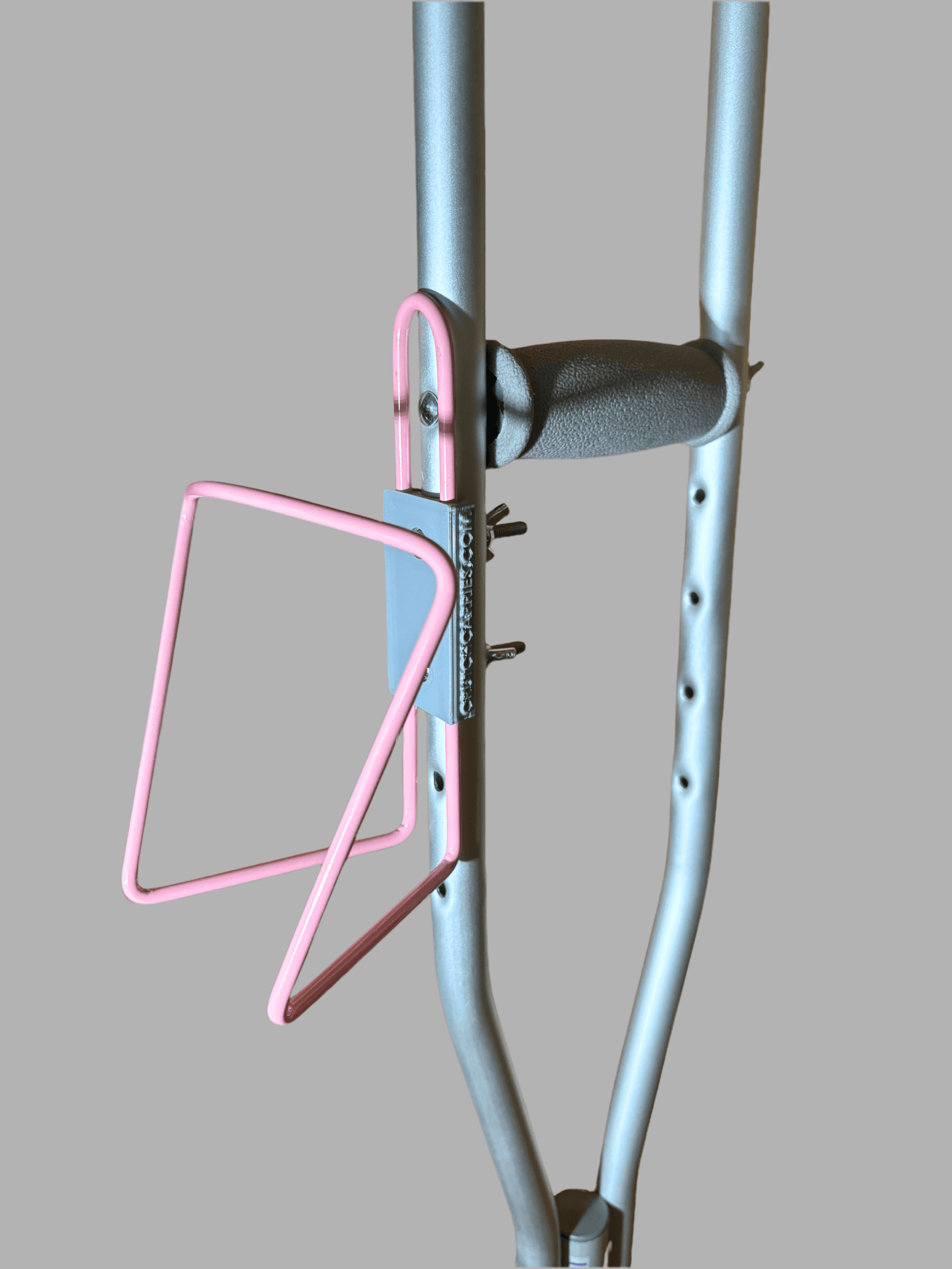 Durable aluminum drink holder bolted onto crutches, designed for versatile use with drink containers.