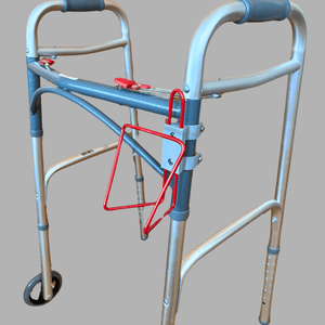Walker with durable aluminum frame and a versatile drink holder for hands-free hydration while walking.