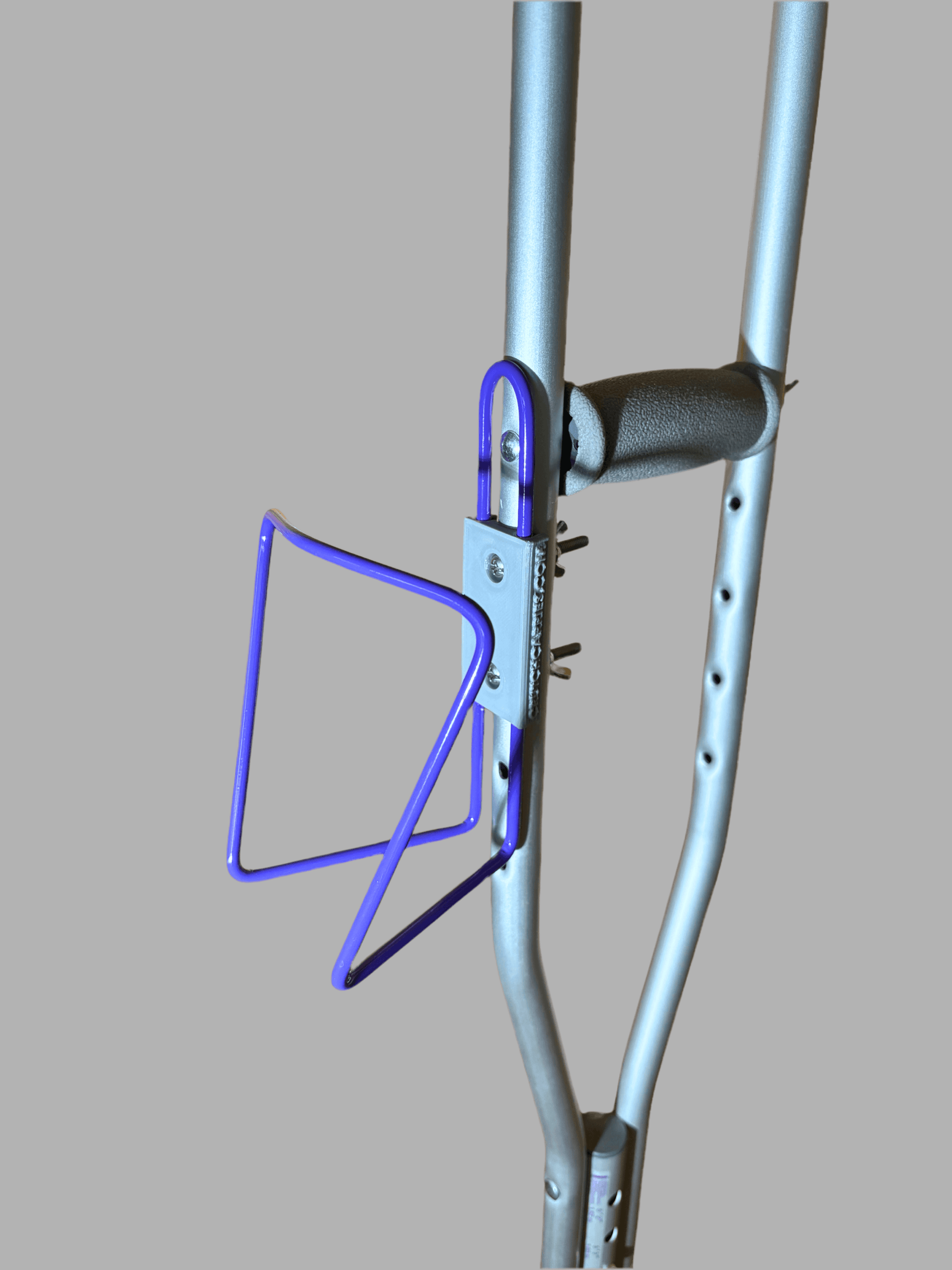 Durable aluminum crutch cup holder designed to securely bolt into crutches for versatile drink storage.