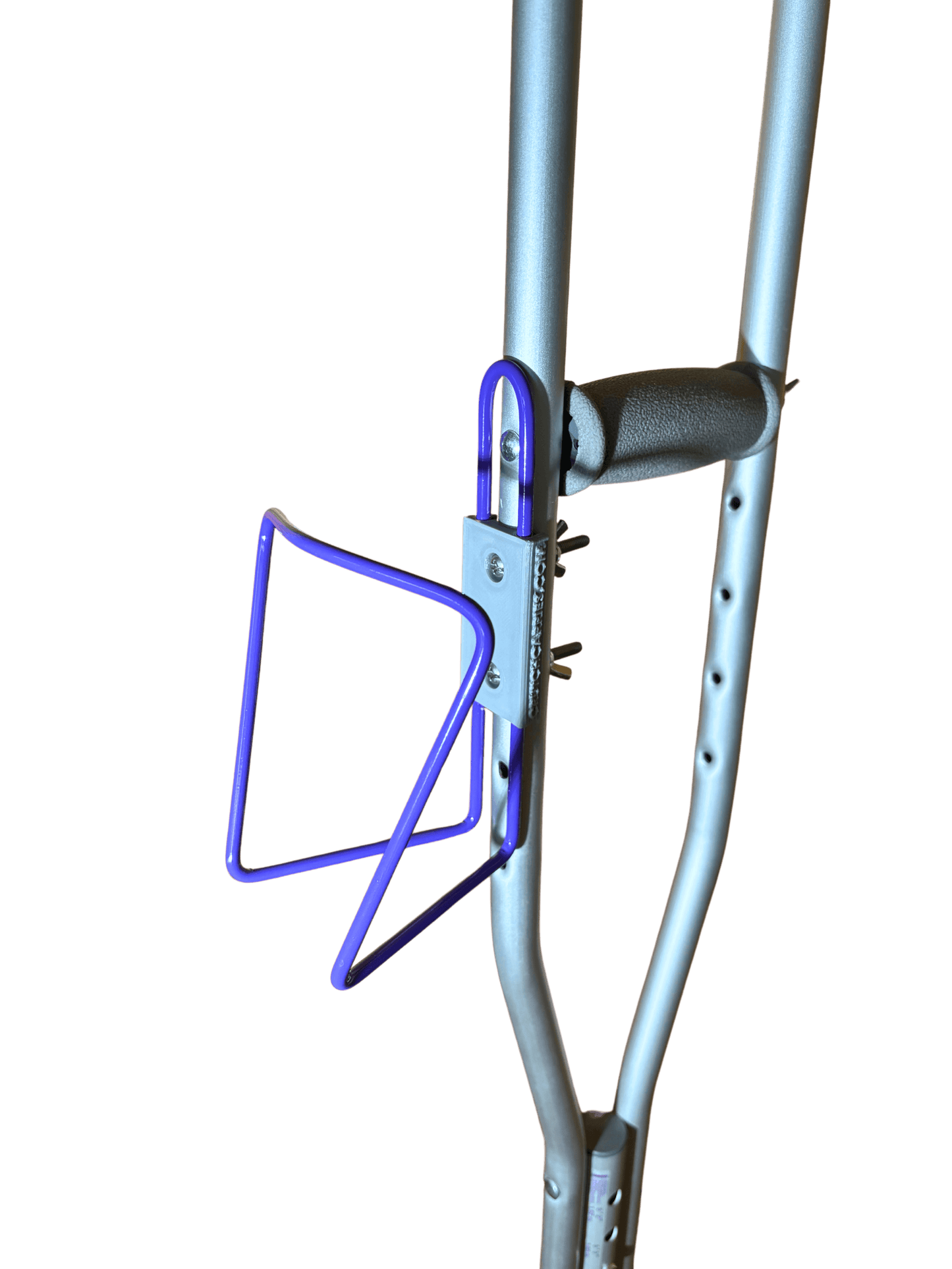 Durable aluminum cup holder attached to crutches, designed for lightweight drink containment and easy access.