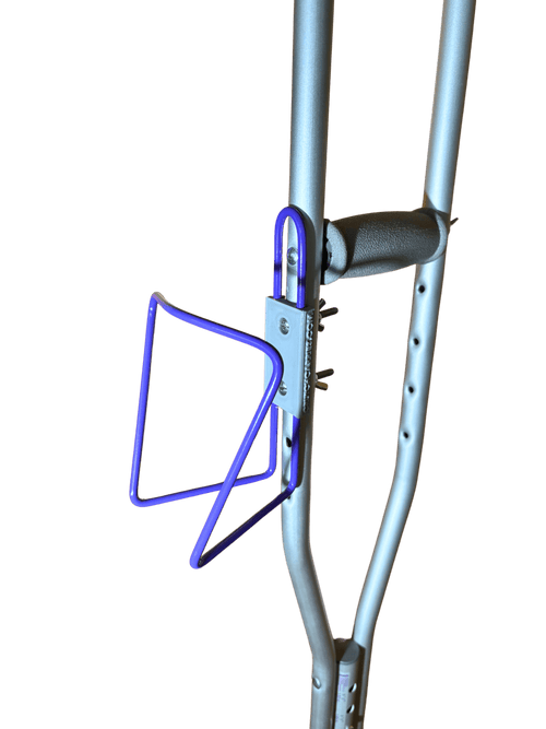 Durable aluminum cup holder attached to crutches, designed for lightweight drink containment and easy access.