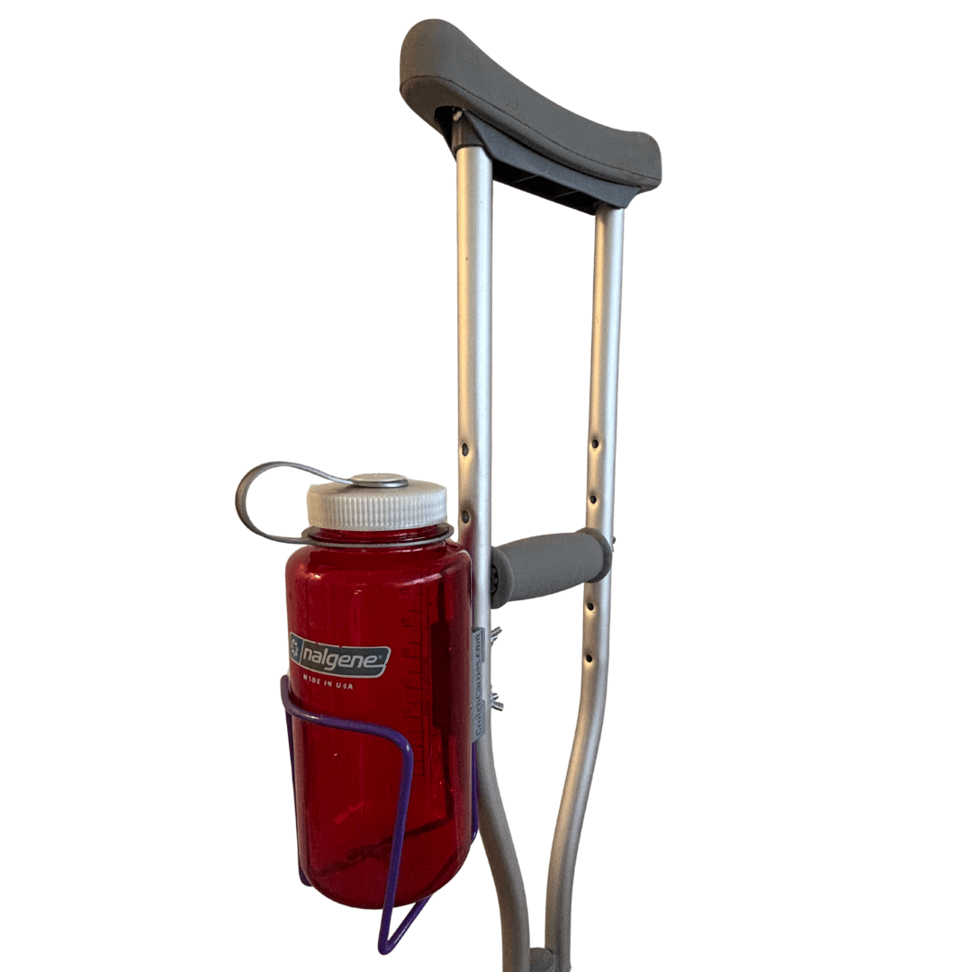 Crutch Drink Holder attached to crutches, featuring a red bottle holder design for convenience and stability.
