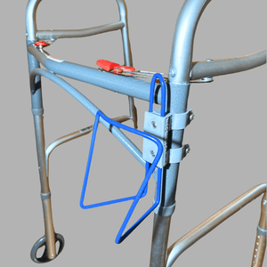 Walker cup holder made of durable aluminum, securely attached and designed for versatile use with walkers.