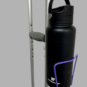 Durable aluminum crutch cup holder with a black water bottle attached, designed for versatility and easy bolting.