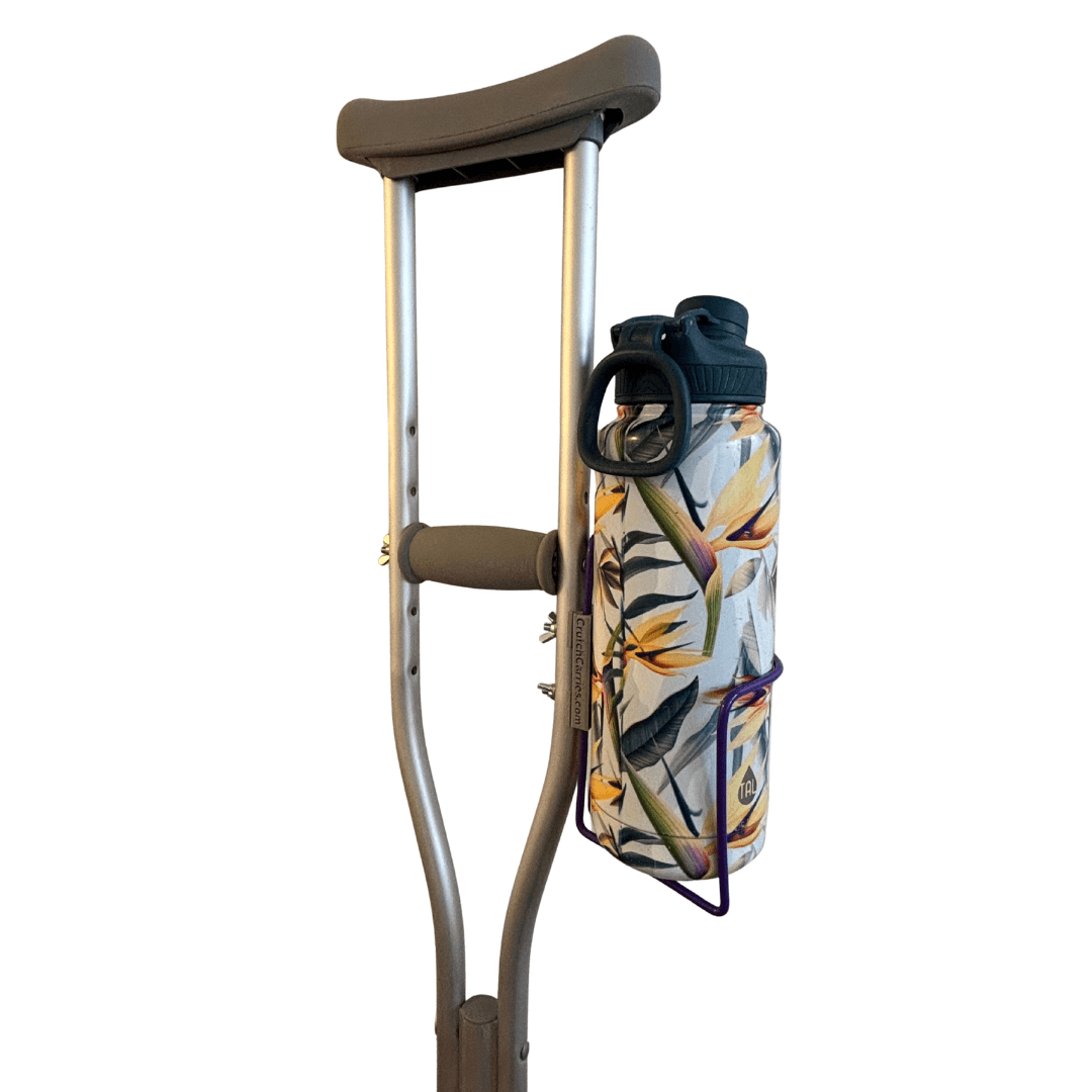 Crutch Drink Holder attached to crutches, showcasing aluminum bolt-in design with a colorful water bottle.