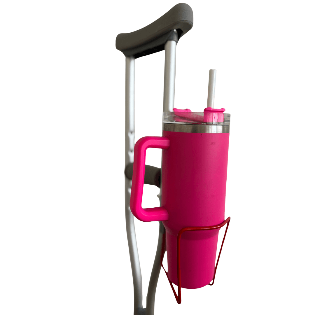 Crutch Drink Holder attached to crutches, showcasing a pink walker bottle