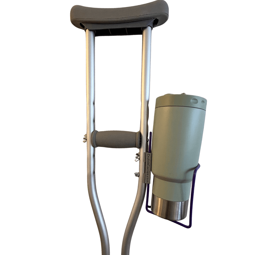 Crutch Drink Holder attached to crutches, featuring bolt-in design for easy access to drink showcasing a green drink bottle.