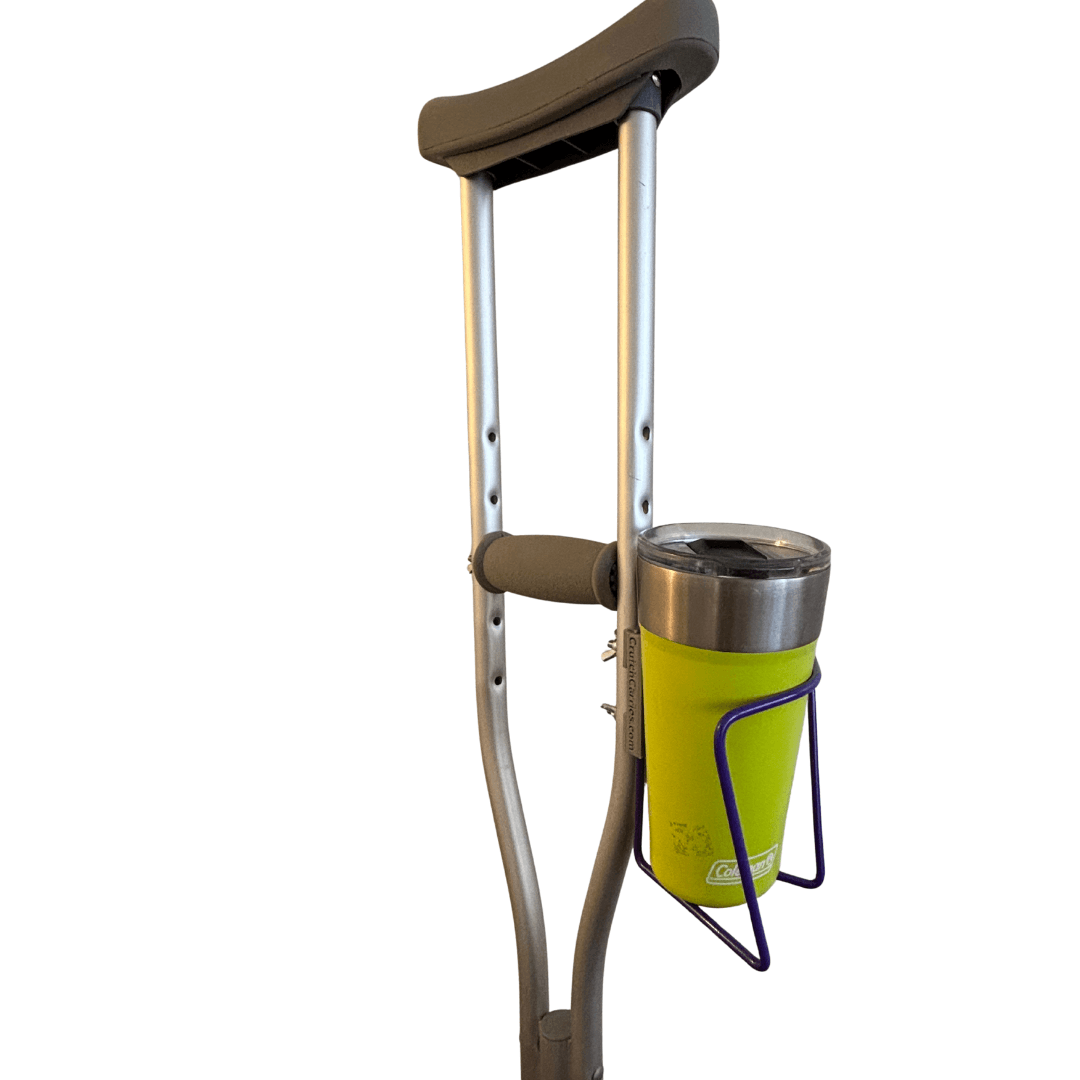 Crutch Drink Holder attached to aluminum crutches, designed to securely hold drinks with bolt-in design.