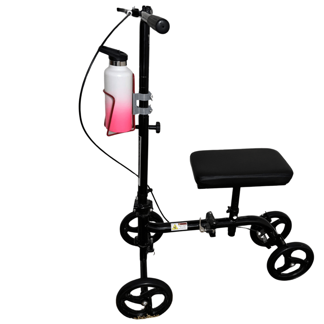 Translation missing: en.aluminum drink holder attached to knee scooter with white and pink tumbler attached