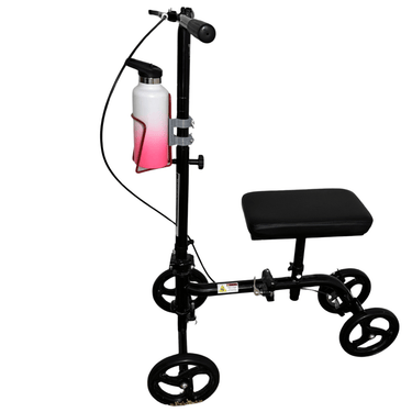 Translation missing: en.aluminum drink holder attached to knee scooter with white and pink tumbler attached