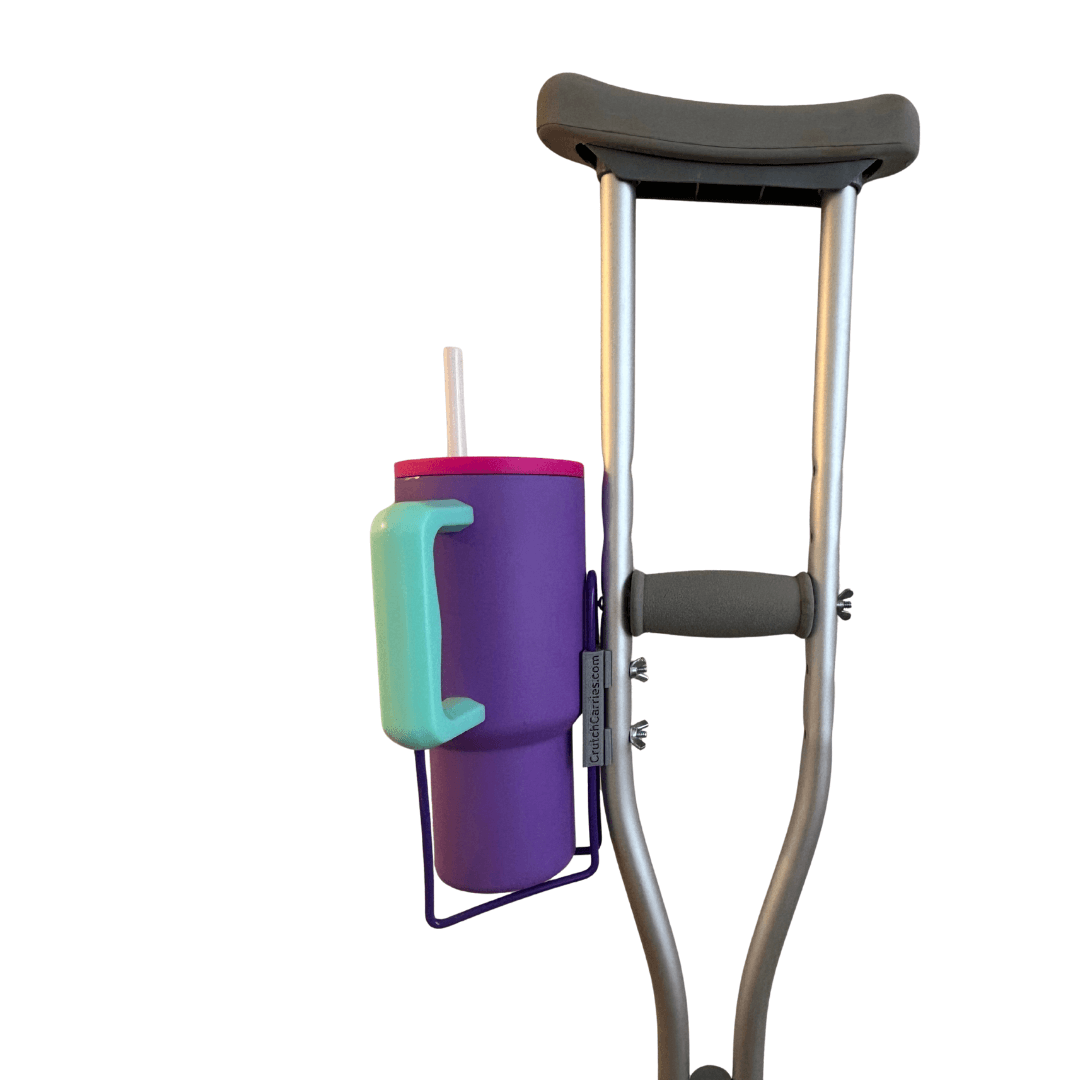 Crutch Drink Holder attached to crutches, showcasing aluminum bolt-in design with a colorful water bottle.