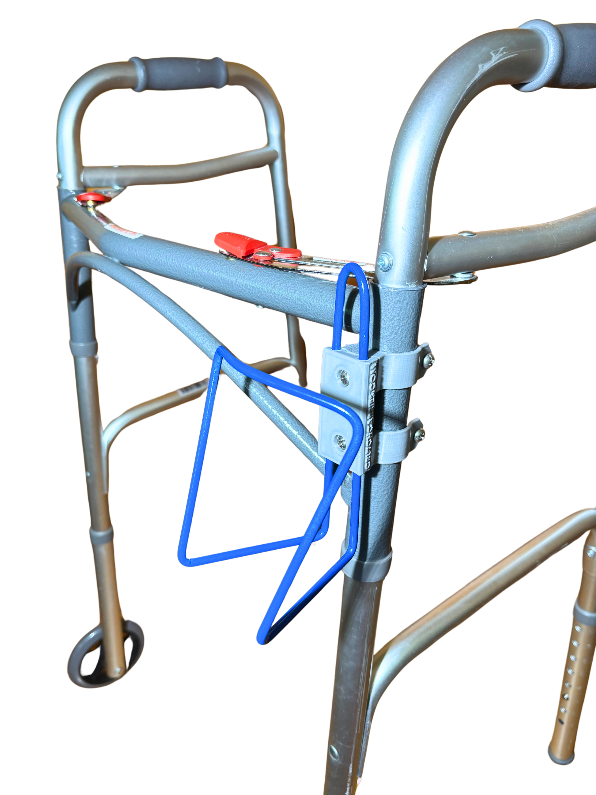 Walker cup holder attachment showcasing lightweight aluminum design for convenient hydration while walking.