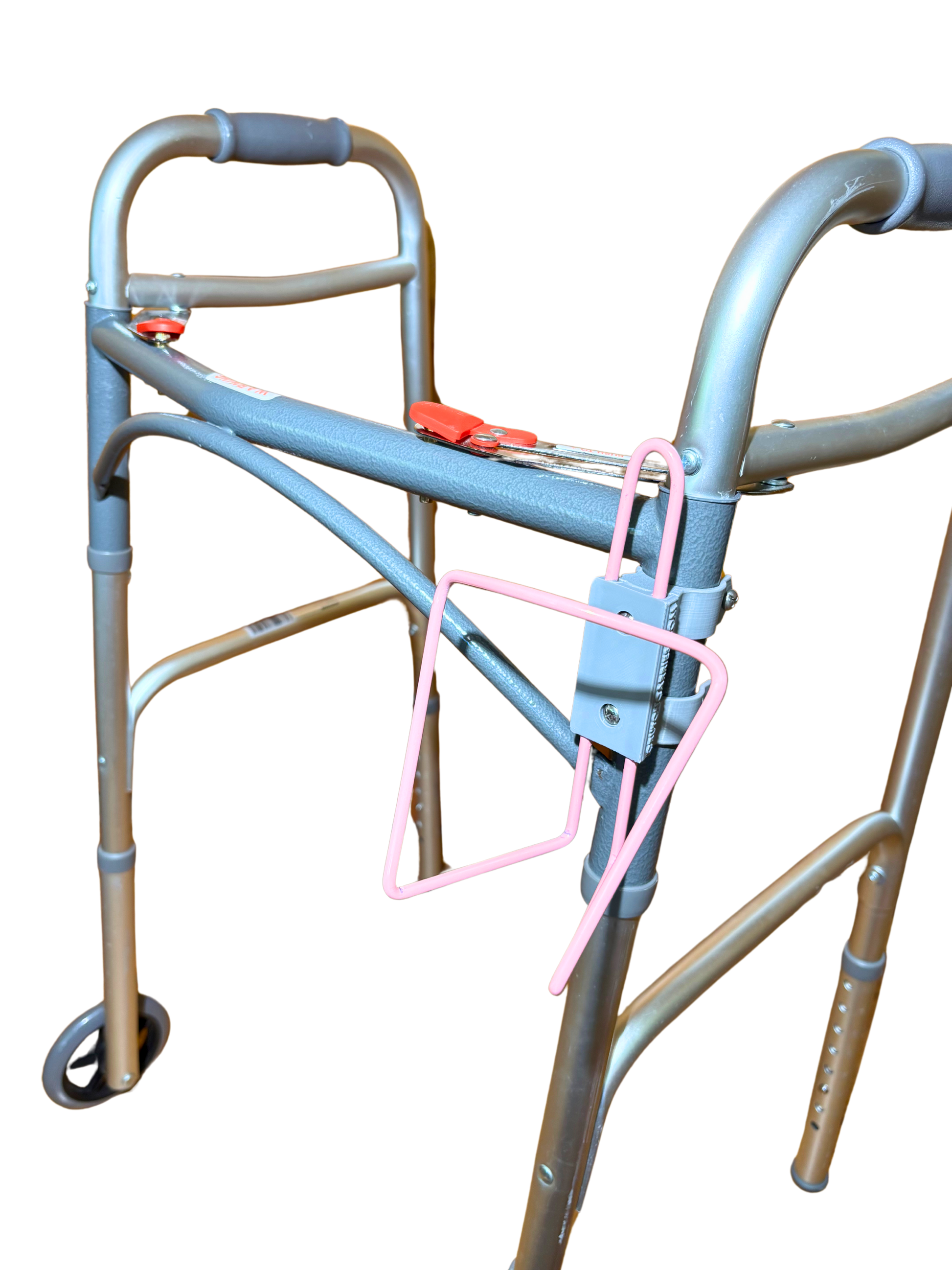 Walker Cup Holder in pink attached to a lightweight aluminum walker for hands-free hydration.
