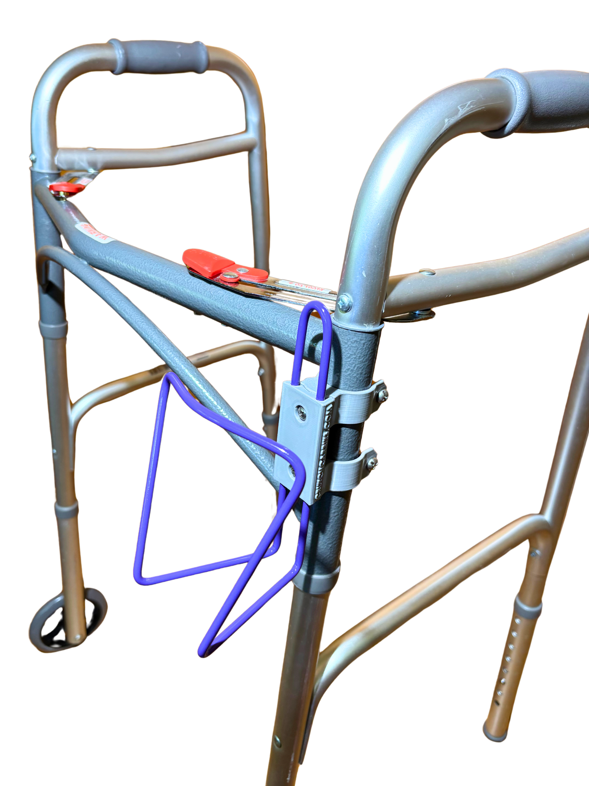 Walker cup holder attachment in aluminum, lightweight and durable, securely fits on walker for hands-free drink access.