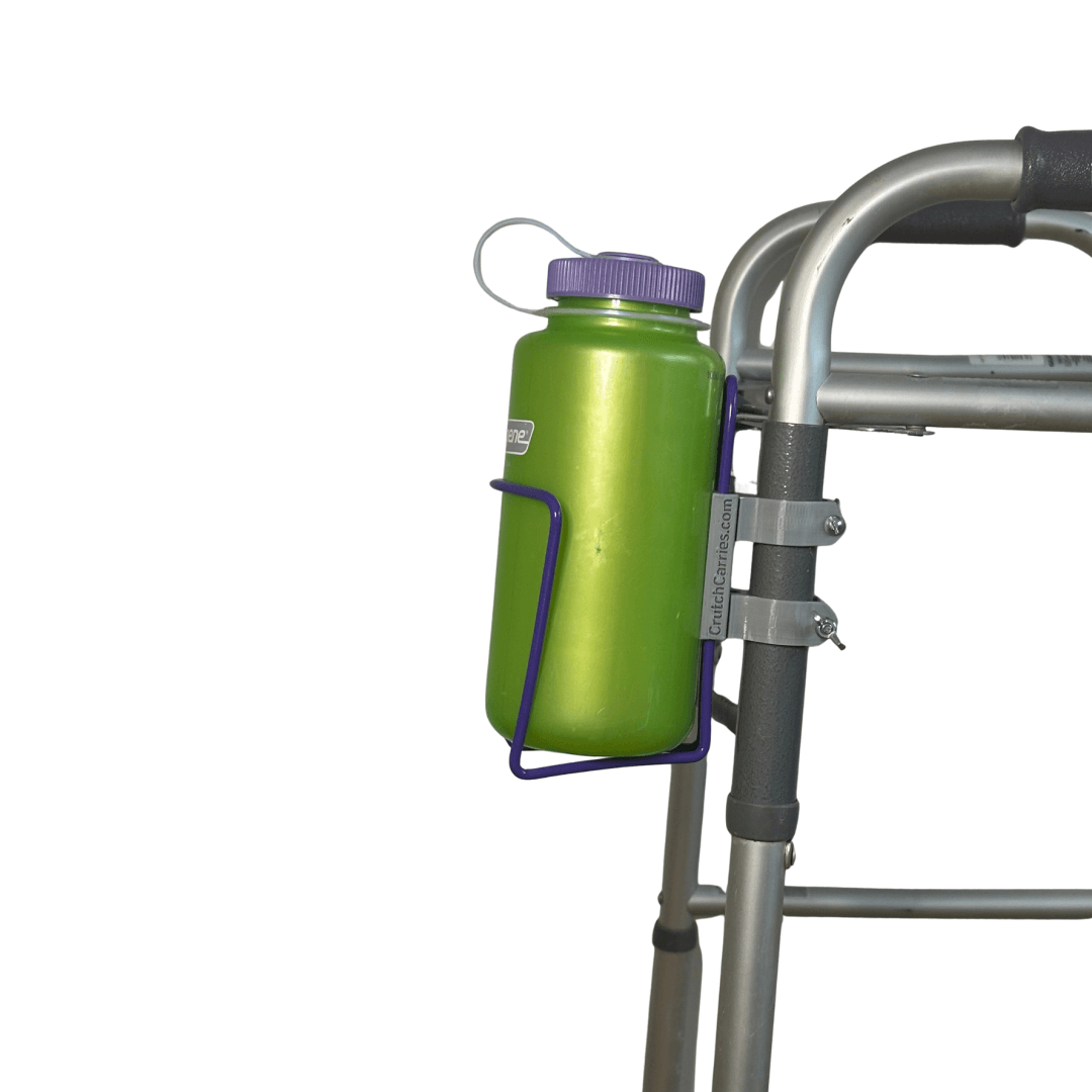 walker cup holder aluminum drink holder for walkers mounted on a walker holding a green bottle