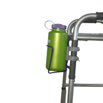 Translation missing: en.walker cup holder aluminum drink holder for walkers mounted on a walker holding a green bottle