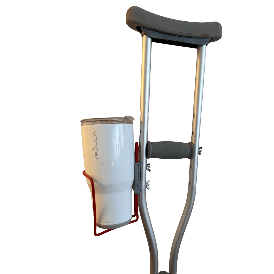 Crutch Drink Holder attached to crutches, showcasing aluminum bolt-in design with a white drink container.