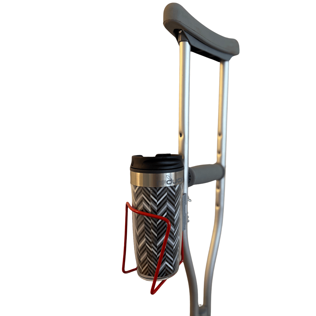 Crutch Drink Holder attached to crutches, showcasing aluminum bolt-in design with a black water bottle.