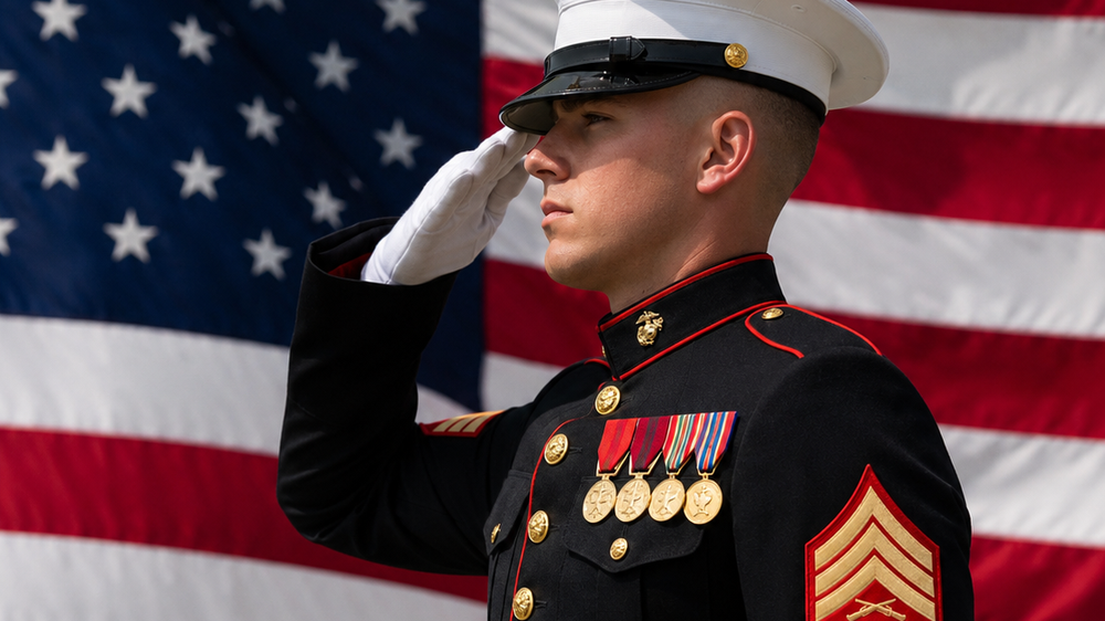Translation missing: en.A U.S. Marine Saluting the American Flag in the background