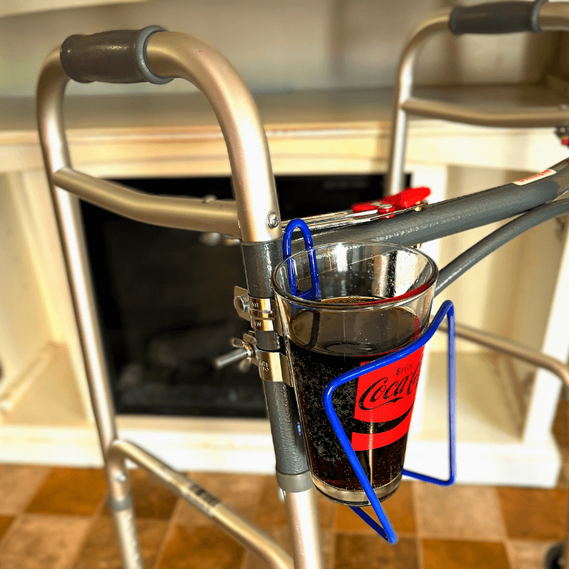 Walker cup holder holding drink on a lightweight aluminum walker, showcasing convenience and hydration.