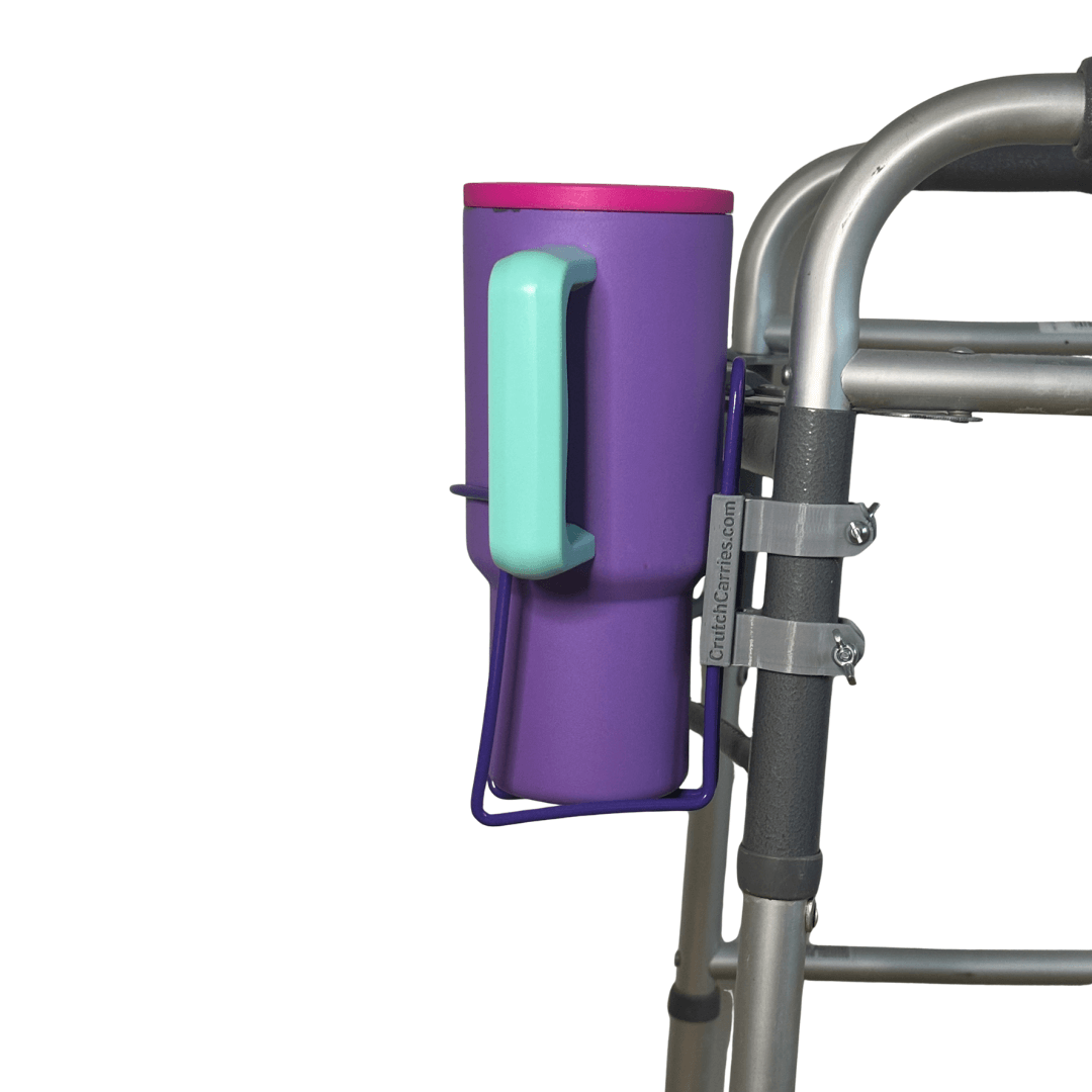walker cup holder aluminum drink holder for walkers attached to a walker with a colorful drink.